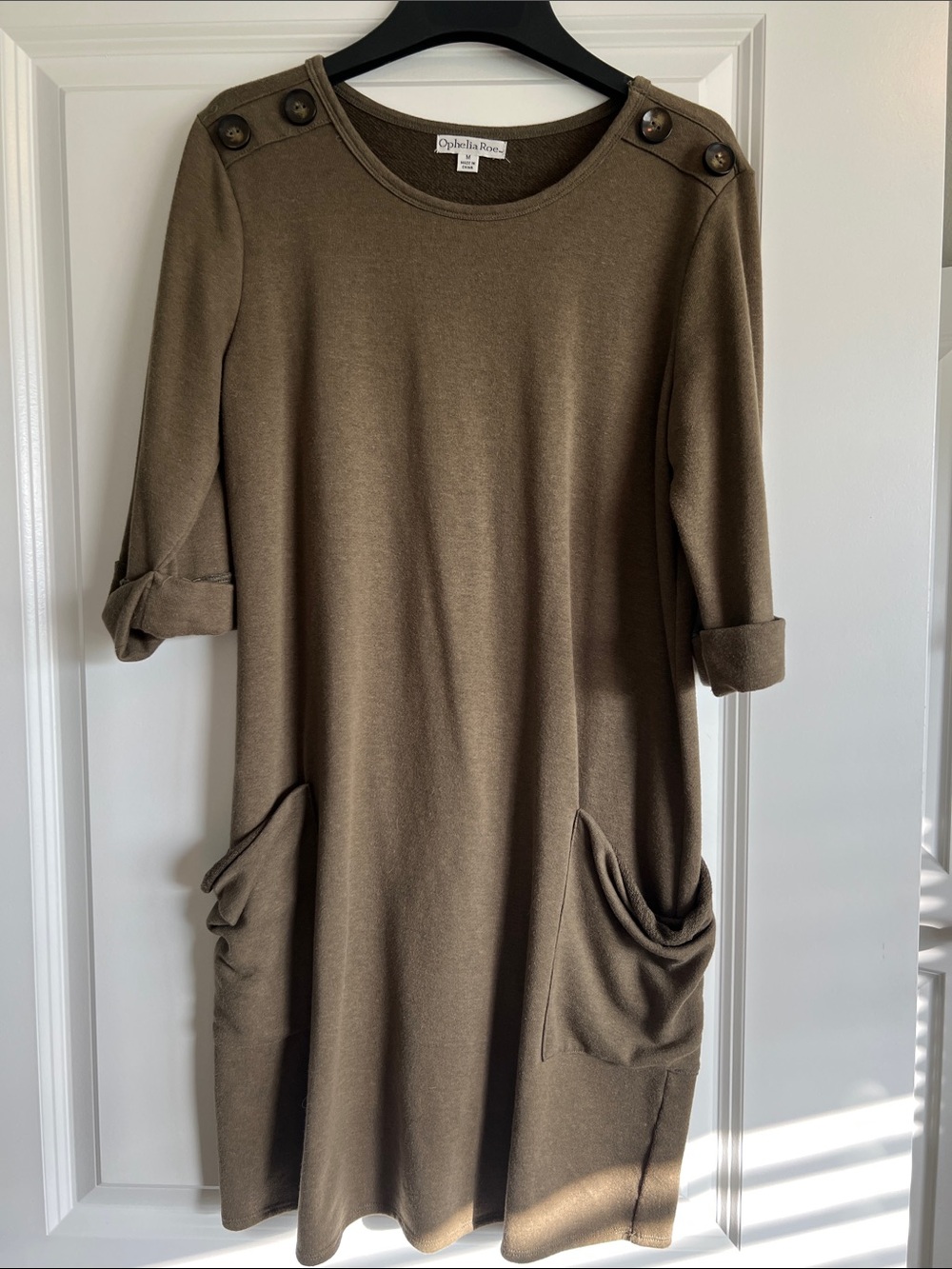 Olive Green Button-Shoulder Pocket Dress